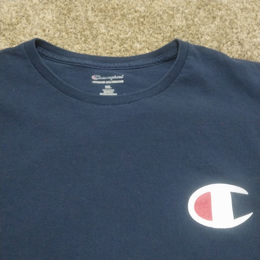 Champion Mens 2XL Long Sleeve Shirt Navy Blue Logo Tee 100% Cotton